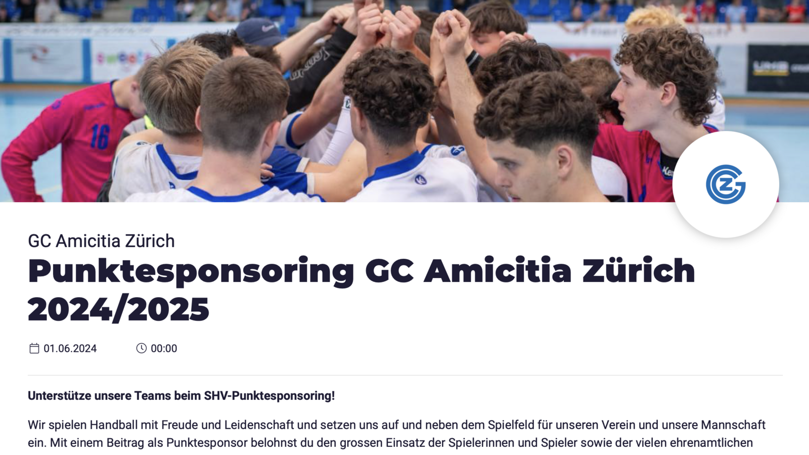 Verein: GC Amicitia Zürich nimmt am Punktesponsoring des SHV teil!