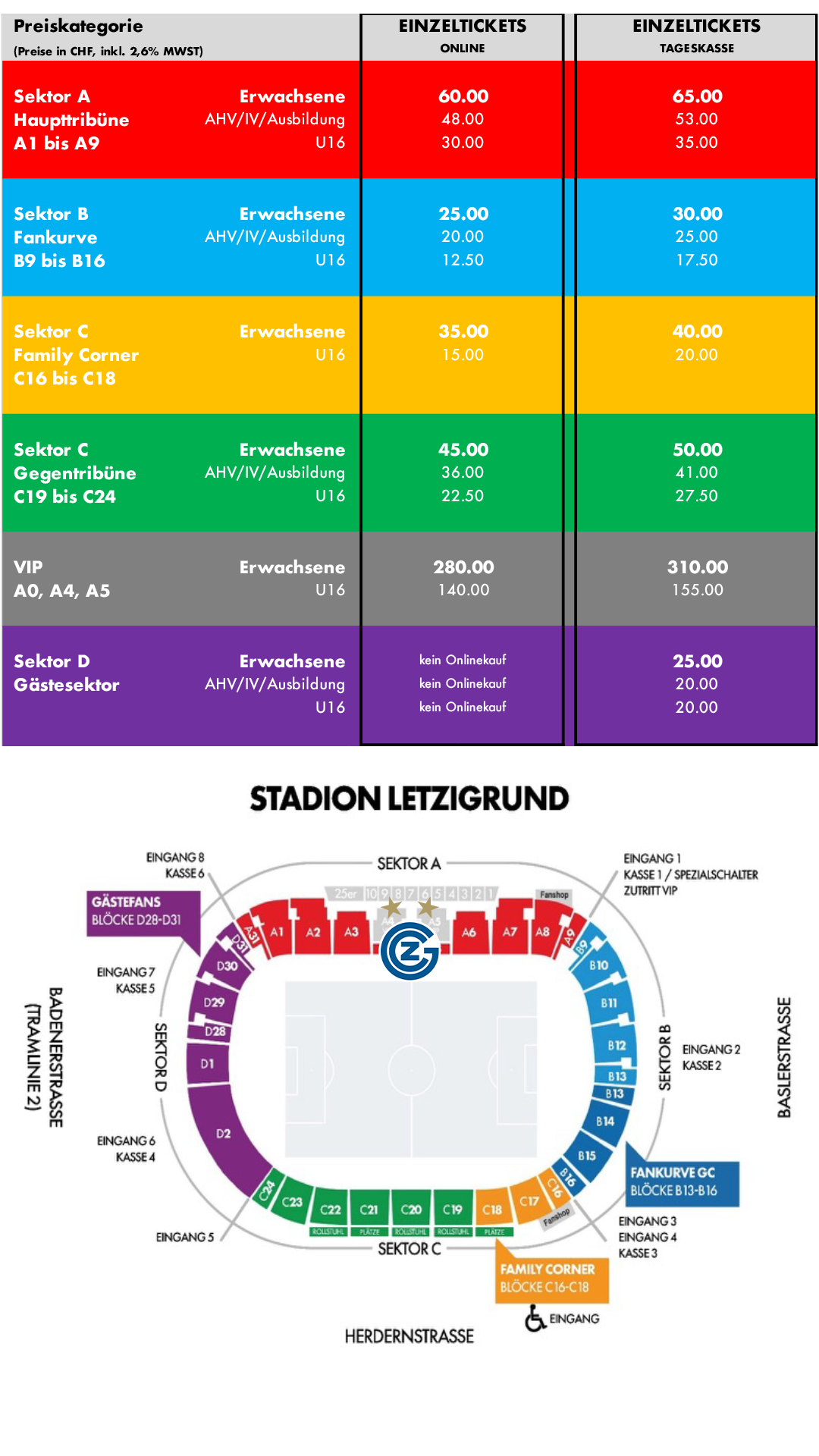 Preisliste Einzeltickets Saison 2026/27 – Grasshopper Club Zürich